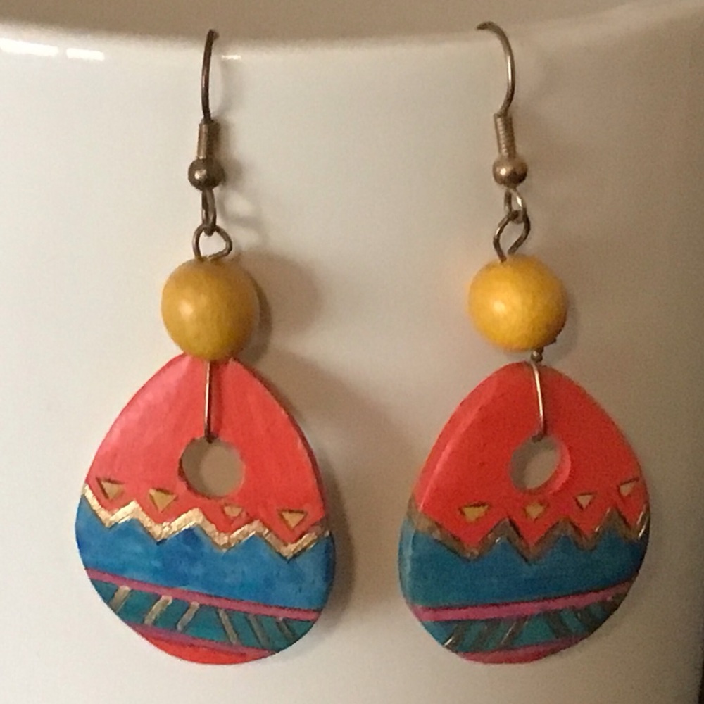 Hand painted wood Caribbean style earrings